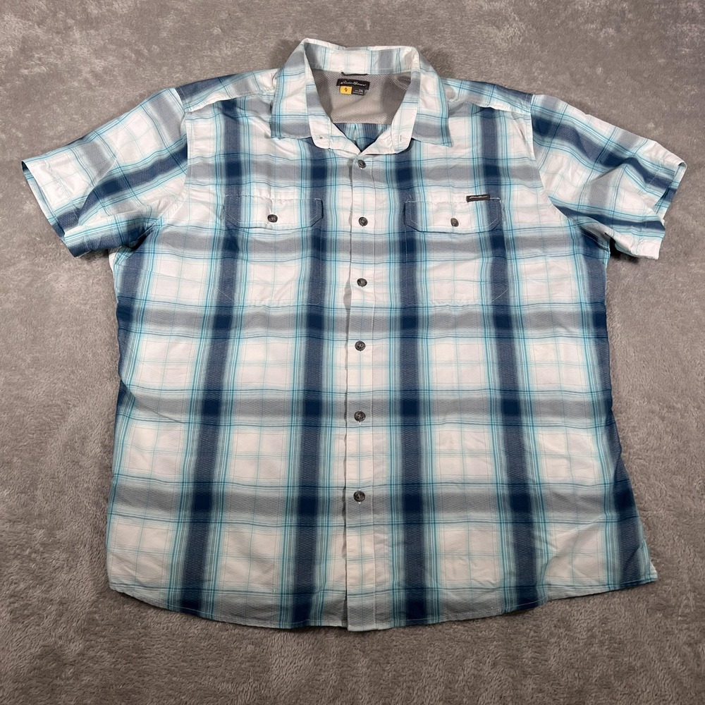 Eddie Bauer Travex Shirt Mens 2XL White Blue Plaid Short Sleeve Button‎ Vented